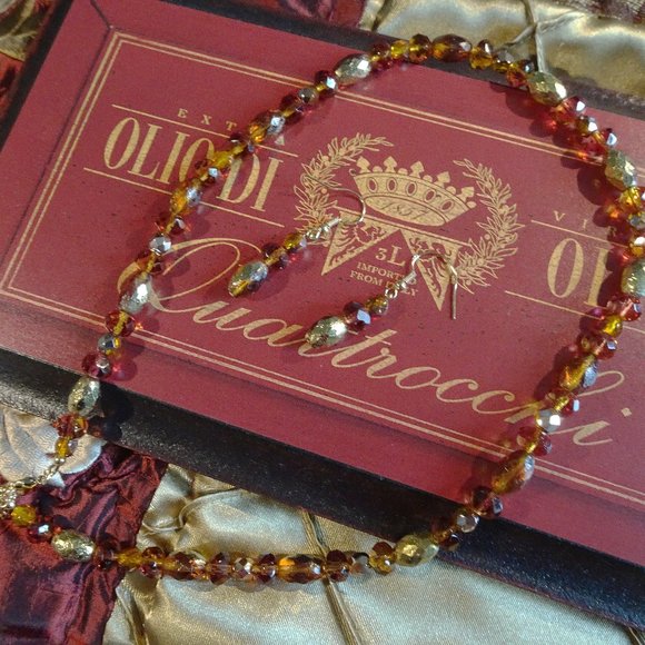 Handcrafted necklace/earring set in golden brown & external etched gold - Picture 4 of 8